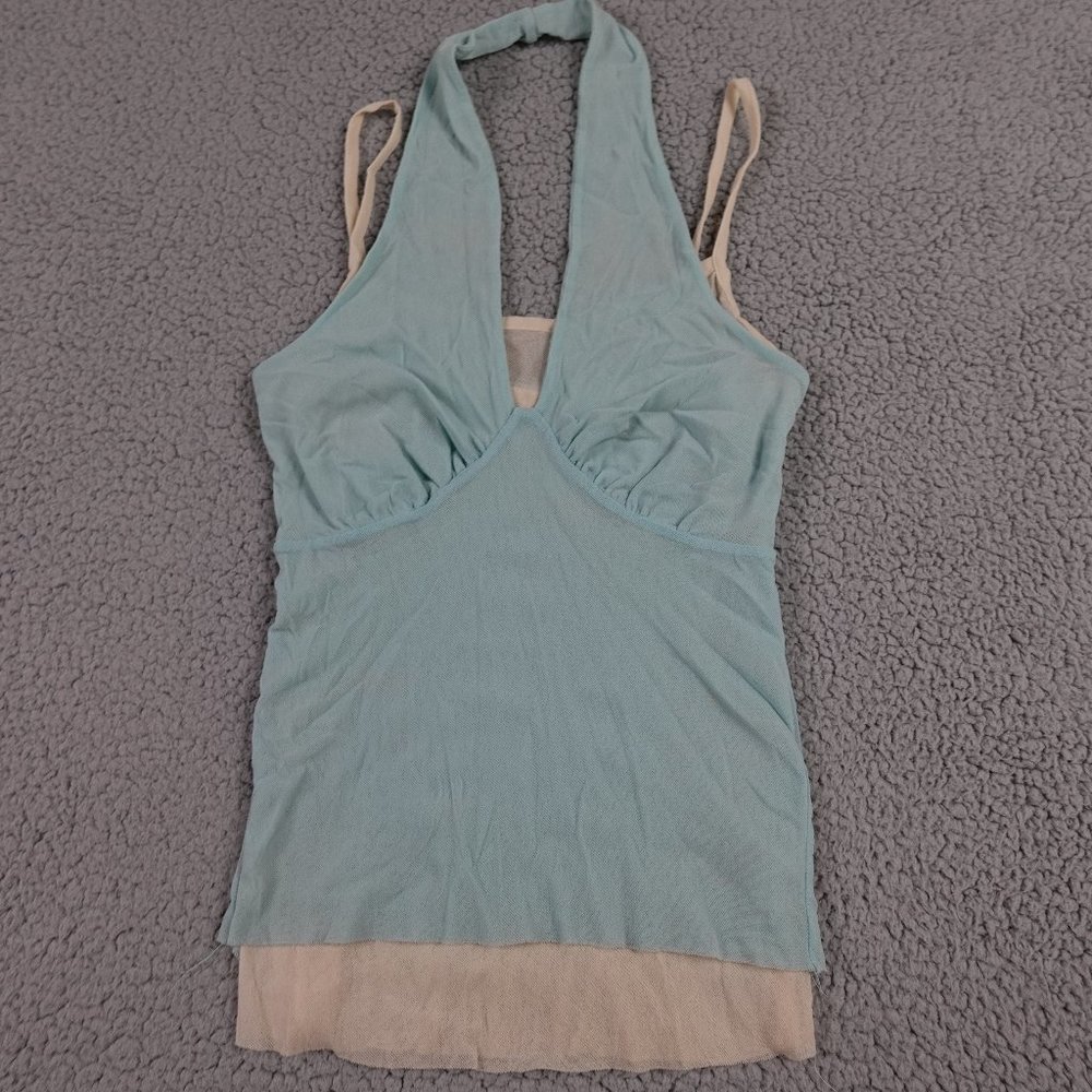 VTG Y2K Sweet Pea Mini Slip Halter Cami Tank Top Womens Small Baby Blue Fairy